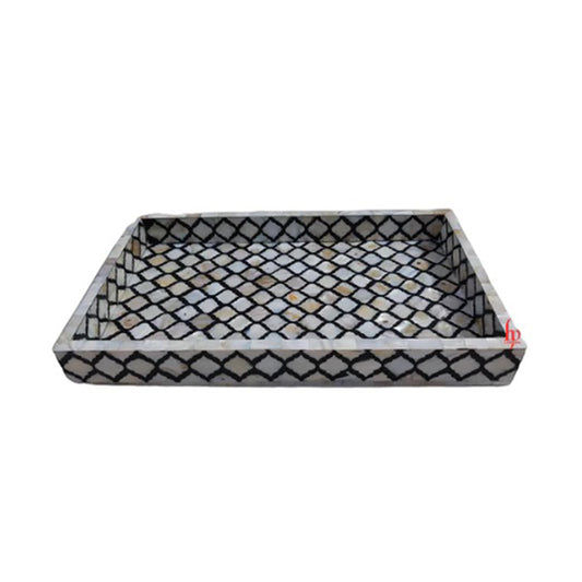 Handmade Mother of Pearl Inlay Reactangle Tray Geometric Design Serving Tray