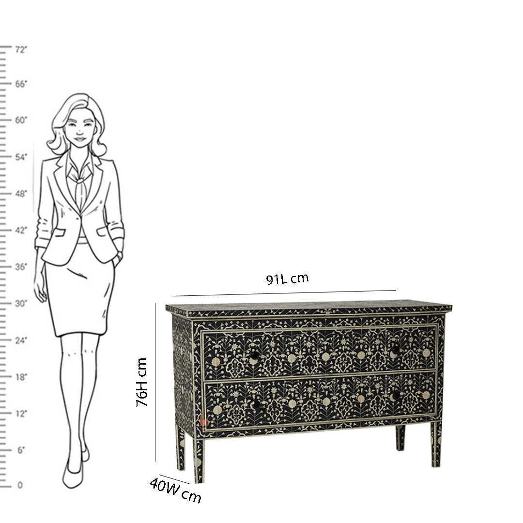 Bone Inlay 2-Drawer Chest - Moghul Flower - Black / White