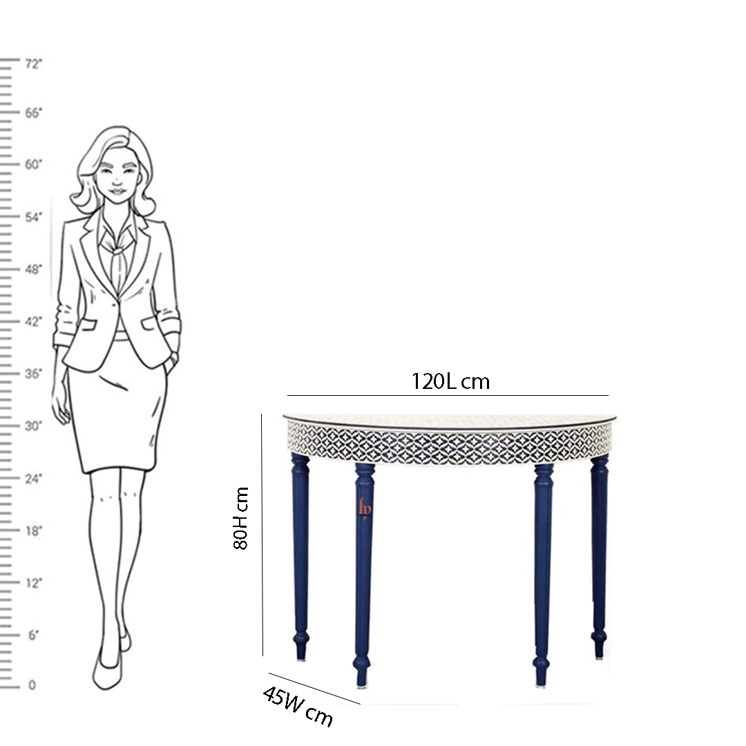 Personalized Bone Inlay Entryway Blue Console Semicircular Floral Table in Indian Motif Design