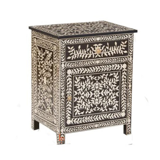 Handmade Bone Inlay Floral Bedside With One Drawer And One Cabinet Beautiful Bedroom Side Table hpCreations
