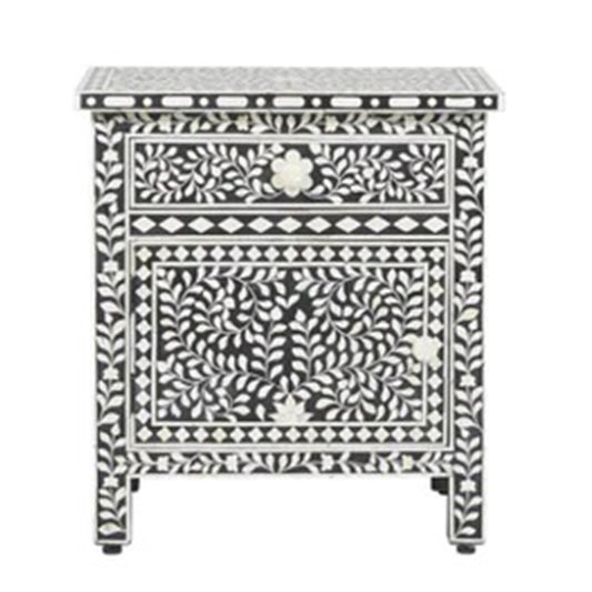 Personalized Black in White Floral Bone-Inlay-Bedside-Nightstand