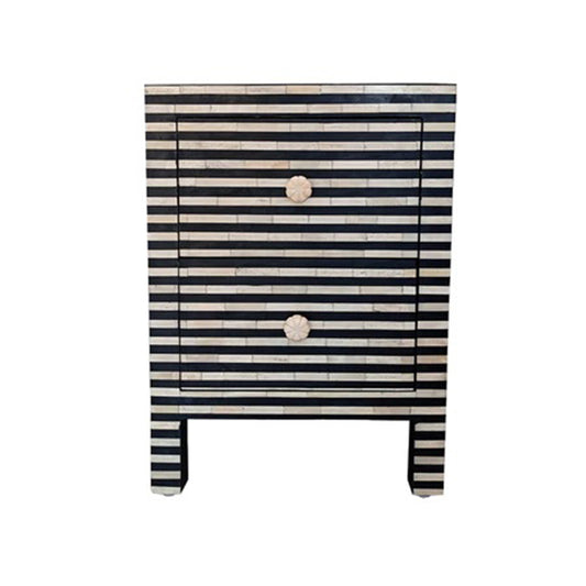 Bone Inlay Bedside in Black Strip Design Perfect Nightstand For Home Decor