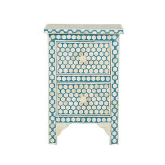 Personalized Bone Inlay Hexagon Design Blue Bedside Table with Two Drawers