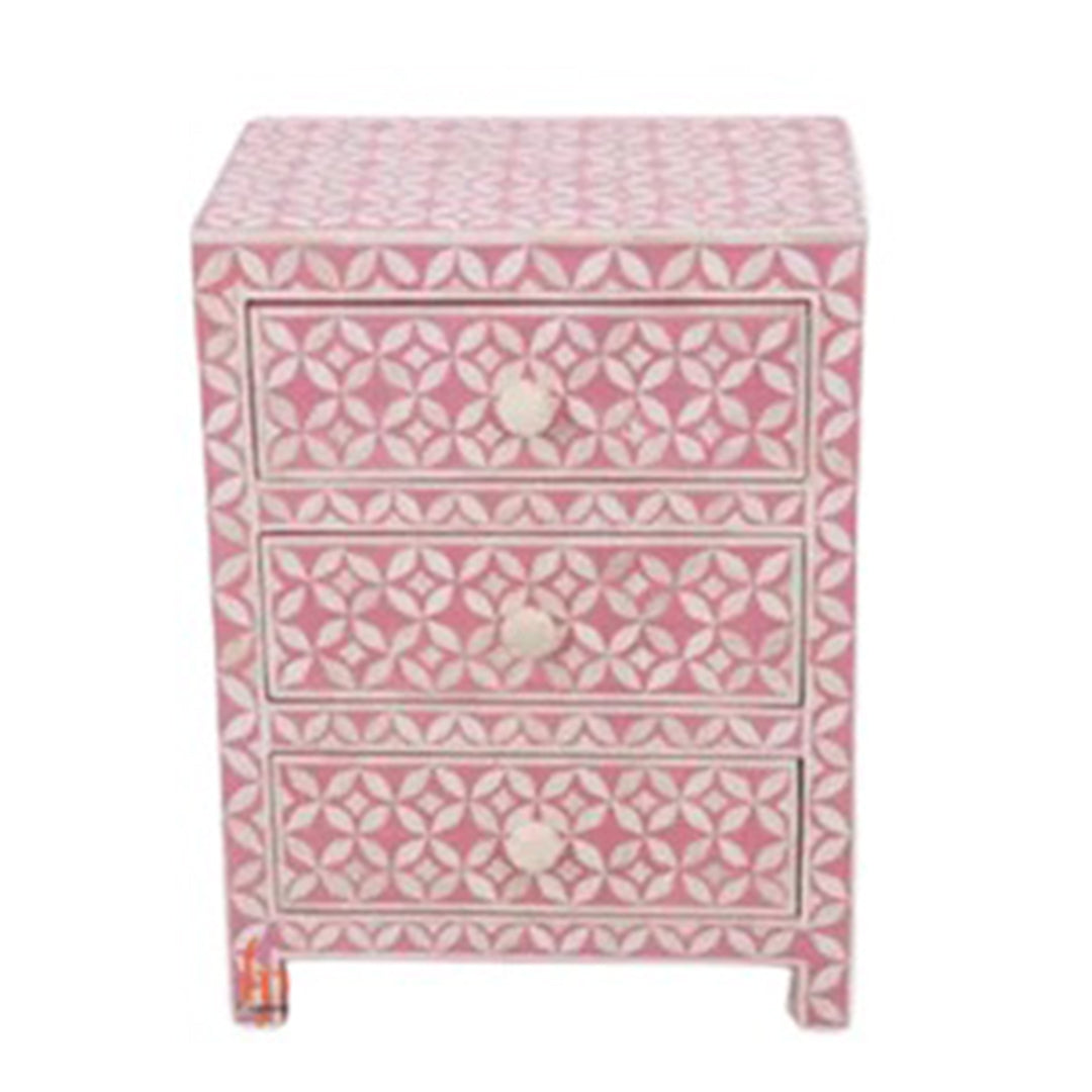 Bone Inlay Bedside 3 Drawers Table in Pink Color Personalized and Customized