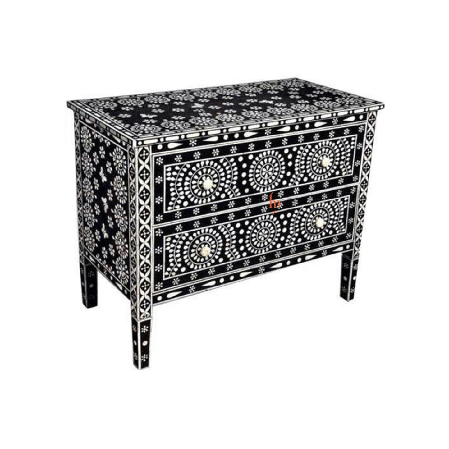 Bone Inlay Chest Of 2 Drawers Beautifully Crafted in Black Color Floral Design Home Decor Handmade Inlay Furniture