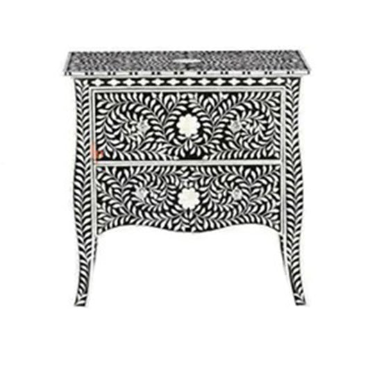 Handmade Bone Inlay Beautiful Bedside Table with 2-Drawers Beautifully Crafted Indian Art Gorgeous Looking Floral Design