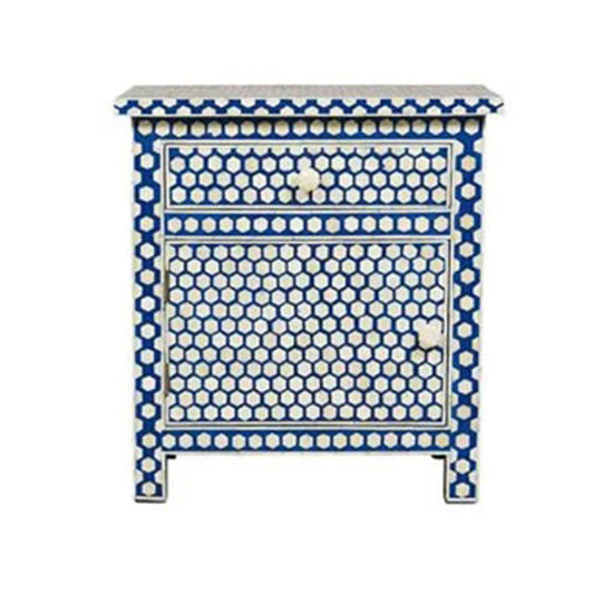 Personalized Handmade Bone Inlay Honeycomb Bedside Table with One Drawer and One Door