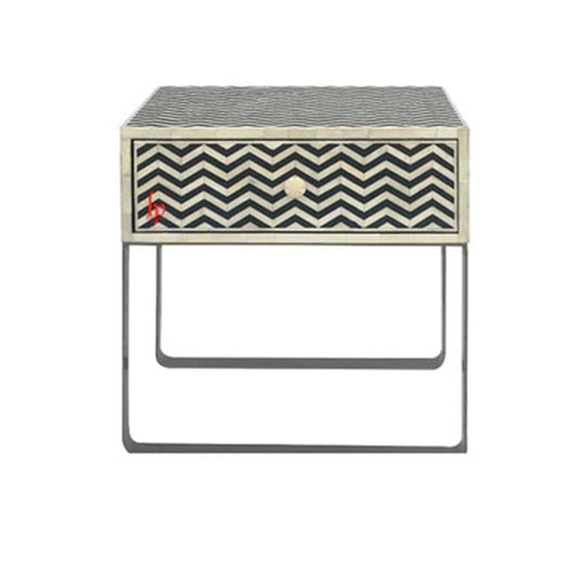 Handmade Bone Inlay Attractive Design Geometric Chevron Bedside Table Chevron with Iron Base