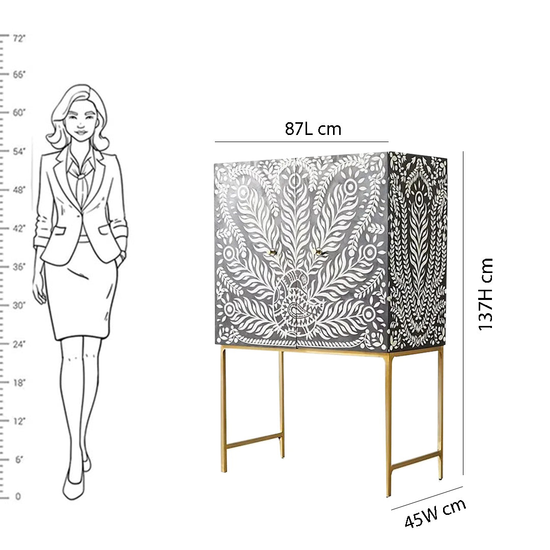 Customized Handmade Bone Inlay Peacock Pattern Bar Cabinet