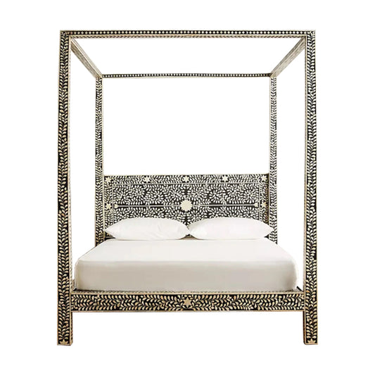 Handmade Bone Inlay King Size  Bed Frame with Headboard and pillars for Bedroom Decor