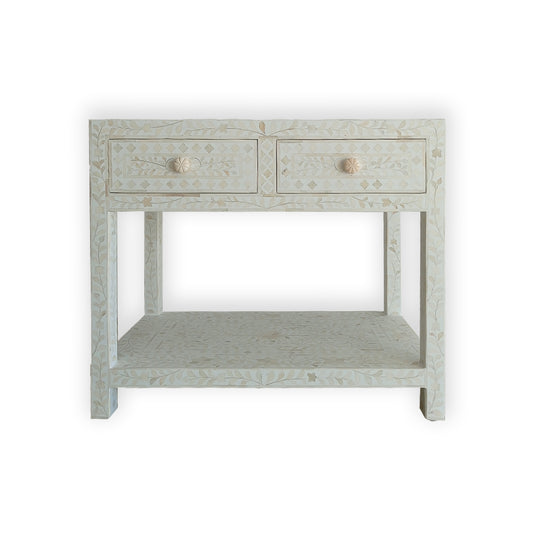 Personalized Bone Inlay Beautiful Bedside Table 2 Drawer Shelf Beautifully Crafted White Floral Design