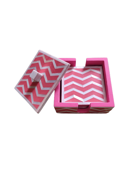 Handmade Mother of Pearl Inlay Pink Colored Chevron Pattern Set of 4 Coasters