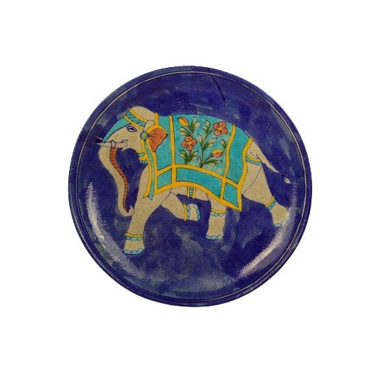 Beautiful Decorative Blue Pottery Elephant Print Wall Hanging Plate for Home Decor