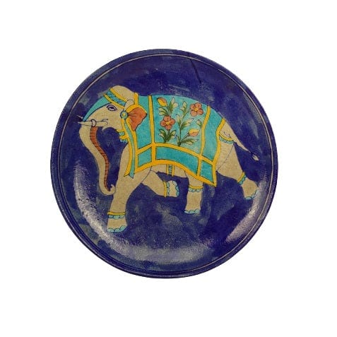 Beautiful Decorative Blue Pottery Elephant Print Wall Hanging Plate for Home Decor