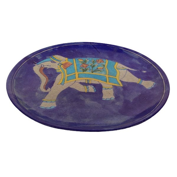 Beautiful Decorative Blue Pottery Elephant Print Wall Hanging Plate for Home Decor