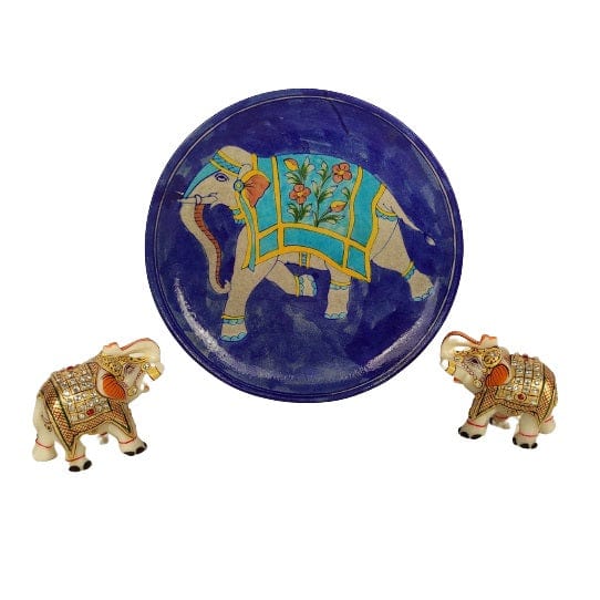 Beautiful Decorative Blue Pottery Elephant Print Wall Hanging Plate for Home Decor