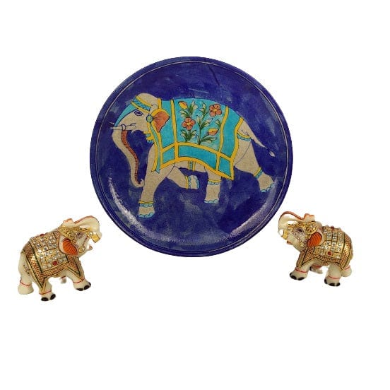 Beautiful Decorative Blue Pottery Elephant Print Wall Hanging Plate for Home Decor