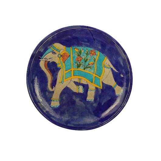 Beautiful Decorative Blue Pottery Elephant Print Wall Hanging Plate for Home Decor