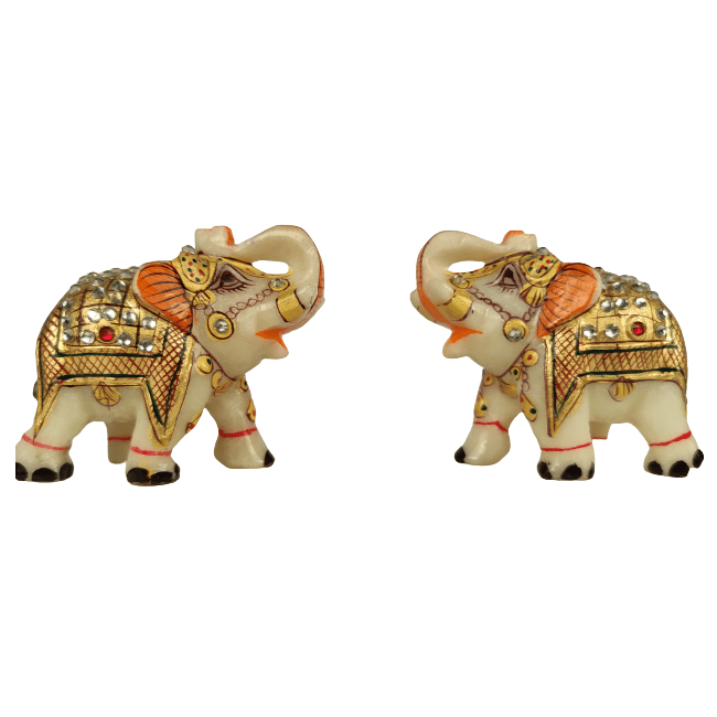 Beautiful Decorative Marble Stone Elephant with Meenakari Set of 2 for Home and Office Decor