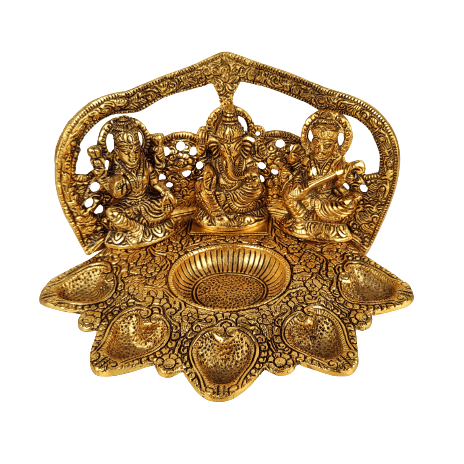 Beautiful Decorative Metal Lakshmi Ganesha Saraswati with 5 Face Diya for Home and Office Decor