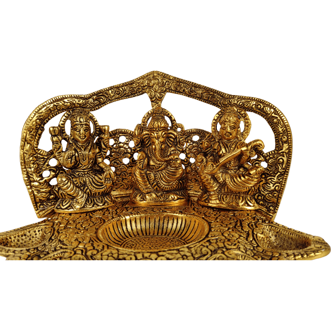 Beautiful Decorative Metal Lakshmi Ganesha Saraswati with 5 Face Diya for Home and Office Decor