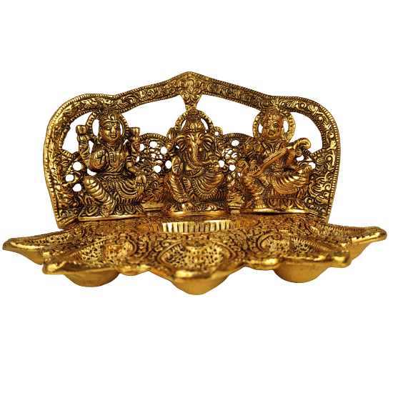 Beautiful Decorative Metal Lakshmi Ganesha Saraswati with 5 Face Diya for Home and Office Decor