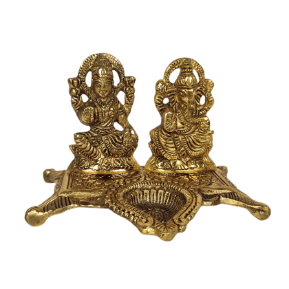Beautiful Decorative Metal Lord Ganesh and Lakshmi Statue with Diya Stand for Home Decor