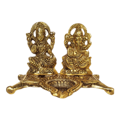 Beautiful Decorative Metal Lord Ganesh and Lakshmi Statue with Diya Stand for Home Decor