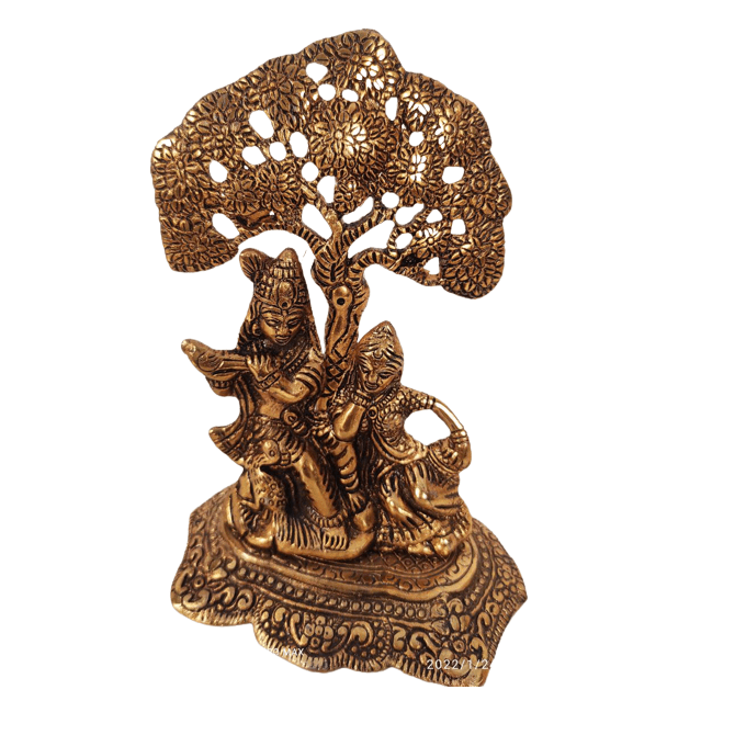 Beautiful Decorative Metal Lord Radha Krishna with Metal Tree Statue for Home Decor