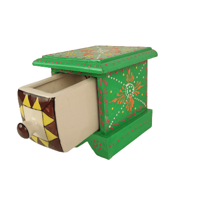 Beautiful Decorative Wooden and Ceramic 1 Drawer Small Chest for Home and Office Decor