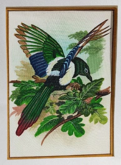 Handmade Bird Painting on Silk Fabric for Home and Office Decor
