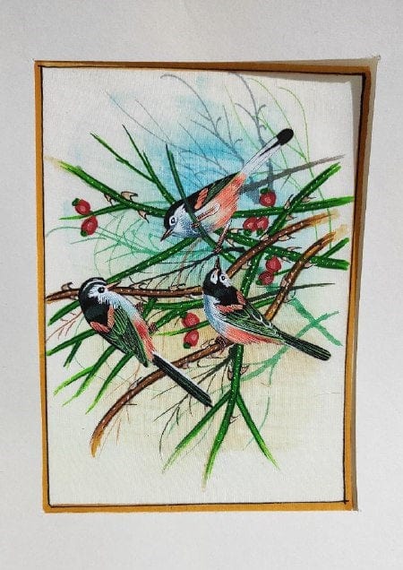 Handmade Birds Painting on Silk Fabric for Home and Office Decor
