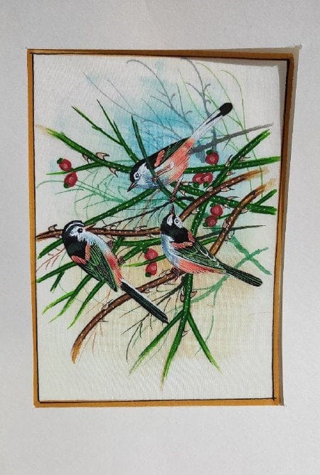 Handmade Birds Painting on Silk Fabric for Home and Office Decor