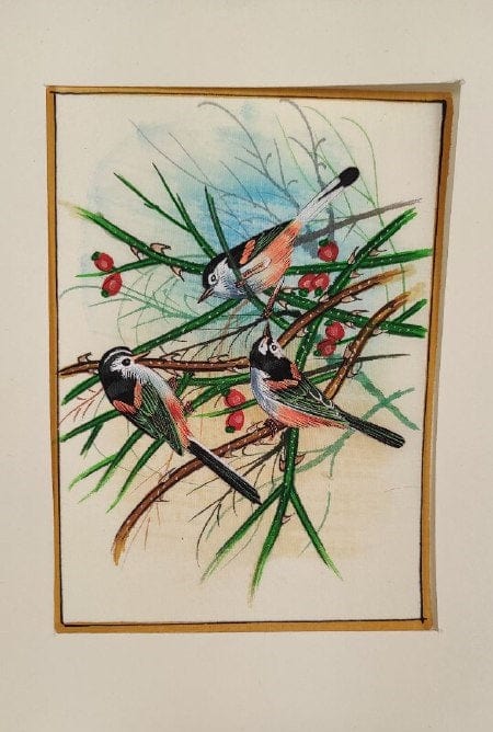 Handmade Birds Painting on Silk Fabric for Home and Office Decor