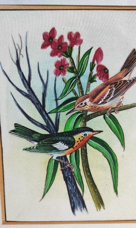 Handmade Birds Painting on Silk Fabric for Home and Office Decor