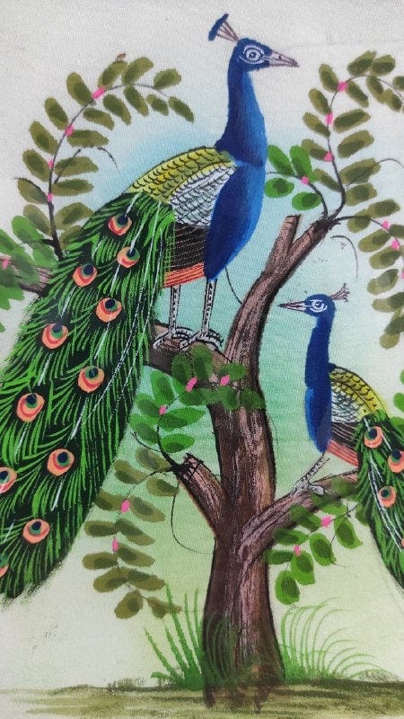 Handmade Two Peacock Painting on Silk Fabric for Home and Office Decor
