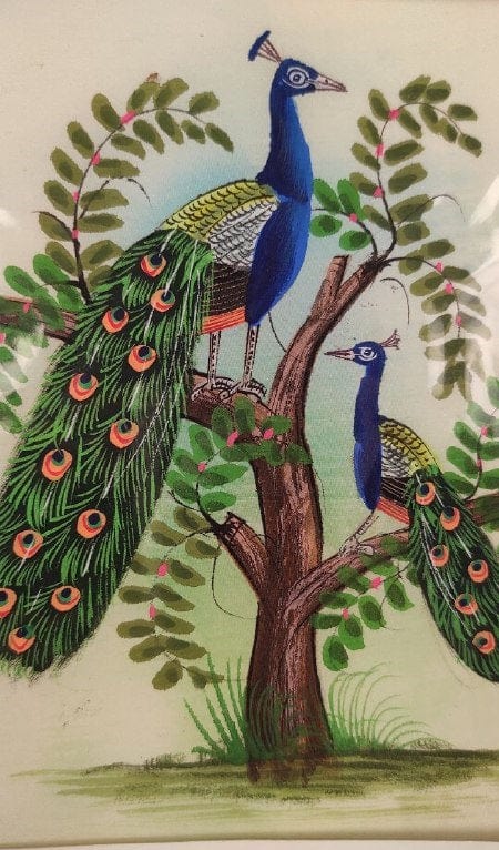 Handmade Two Peacock Painting on Silk Fabric for Home and Office Decor