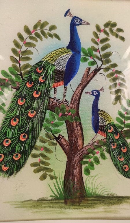 Handmade Two Peacock Painting on Silk Fabric for Home and Office Decor