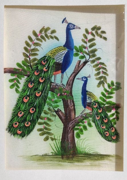 Handmade Two Peacock Painting on Silk Fabric for Home and Office Decor