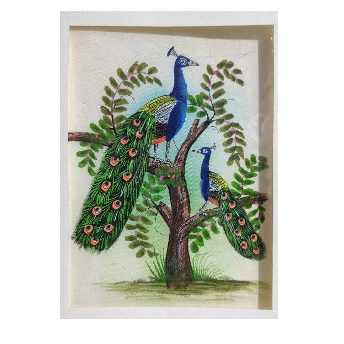 Handmade Two Peacock Painting on Silk Fabric for Home and Office Decor