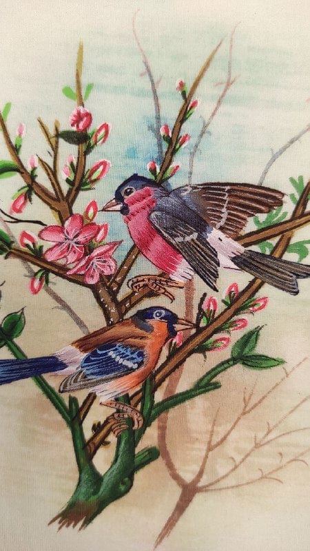 Handmade Birds Painting on Silk Fabric for Home and Office Decor