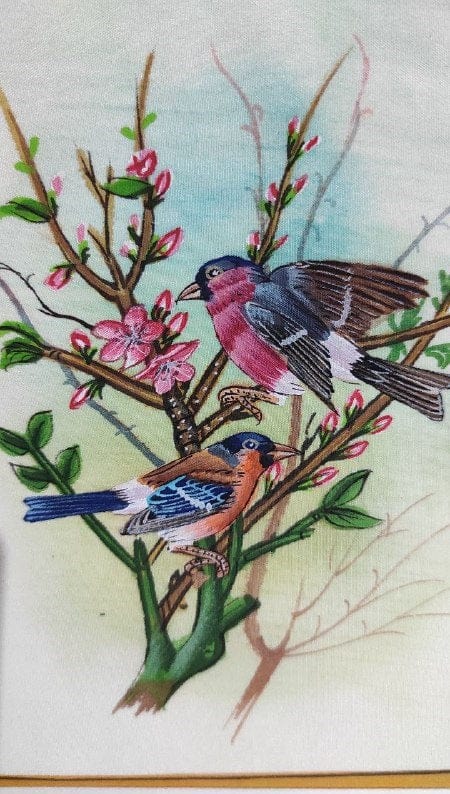 Handmade Birds Painting on Silk Fabric for Home and Office Decor