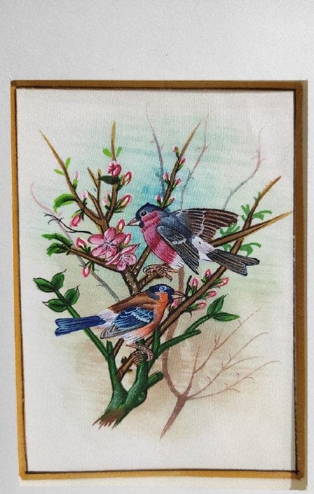 Handmade Birds Painting on Silk Fabric for Home and Office Decor