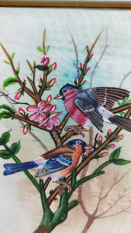 Handmade Birds Painting on Silk Fabric for Home and Office Decor