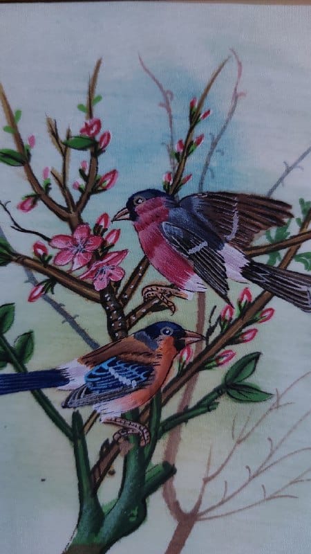 Handmade Birds Painting on Silk Fabric for Home and Office Decor