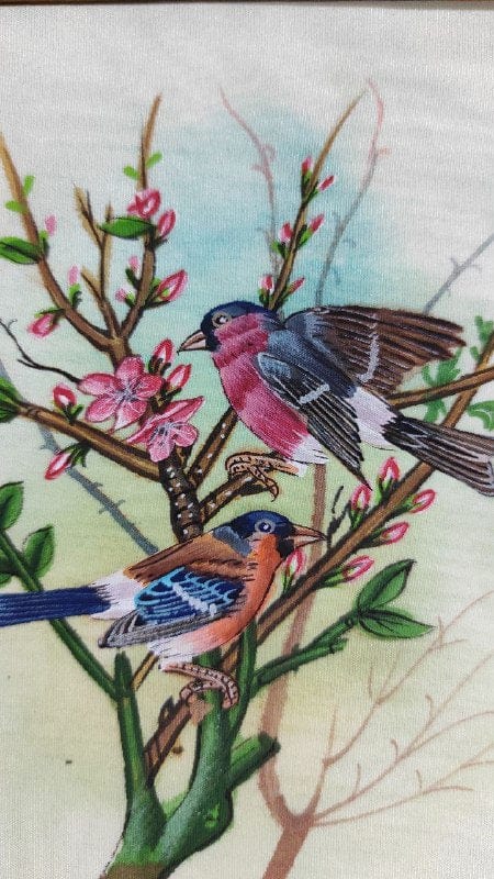 Handmade Birds Painting on Silk Fabric for Home and Office Decor
