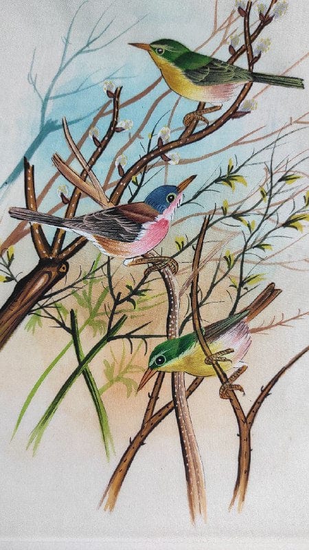 Handmade Birds Painting on Silk Fabric for Home and Office Decor