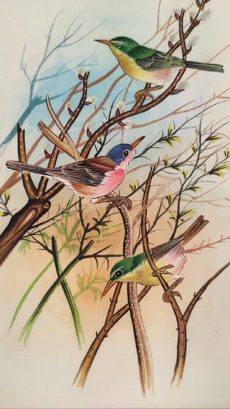 Handmade Birds Painting on Silk Fabric for Home and Office Decor