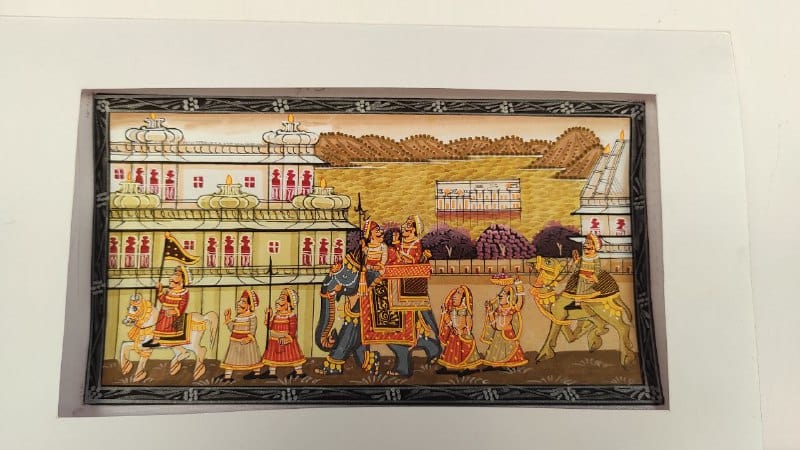 Handmade Matte Synthetic Palace View Silk Fabric Painting for Home Decor
