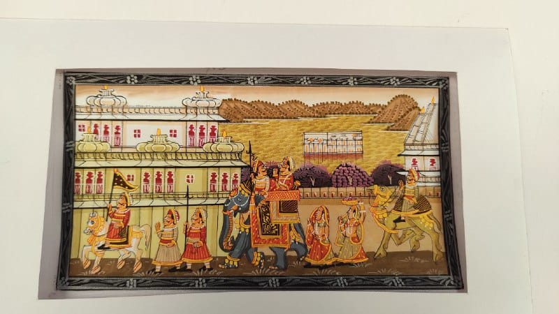 Handmade Matte Synthetic Palace View Silk Fabric Painting for Home Decor